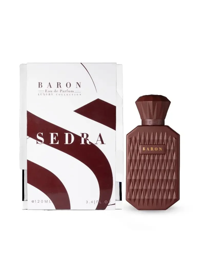 Sedra Baron perfume 120ml next to luxury box, premium fresh woody fragrance UK