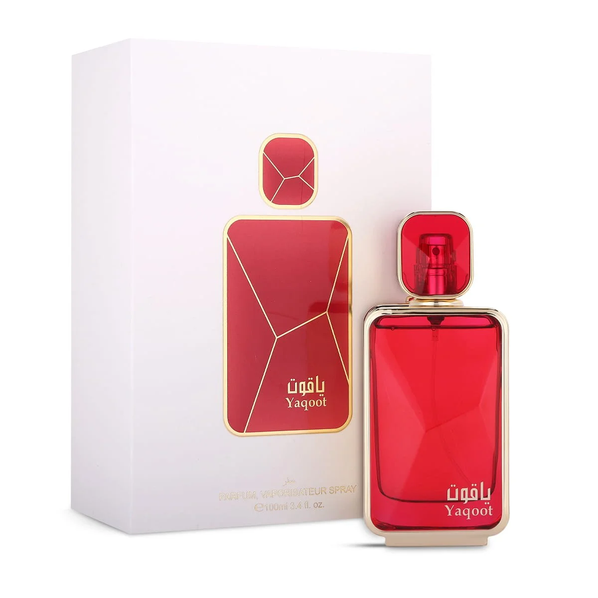 Arabian Oud Yaqoot 100ml perfume displayed next to box, sweet fruity gourmand fragrance UK