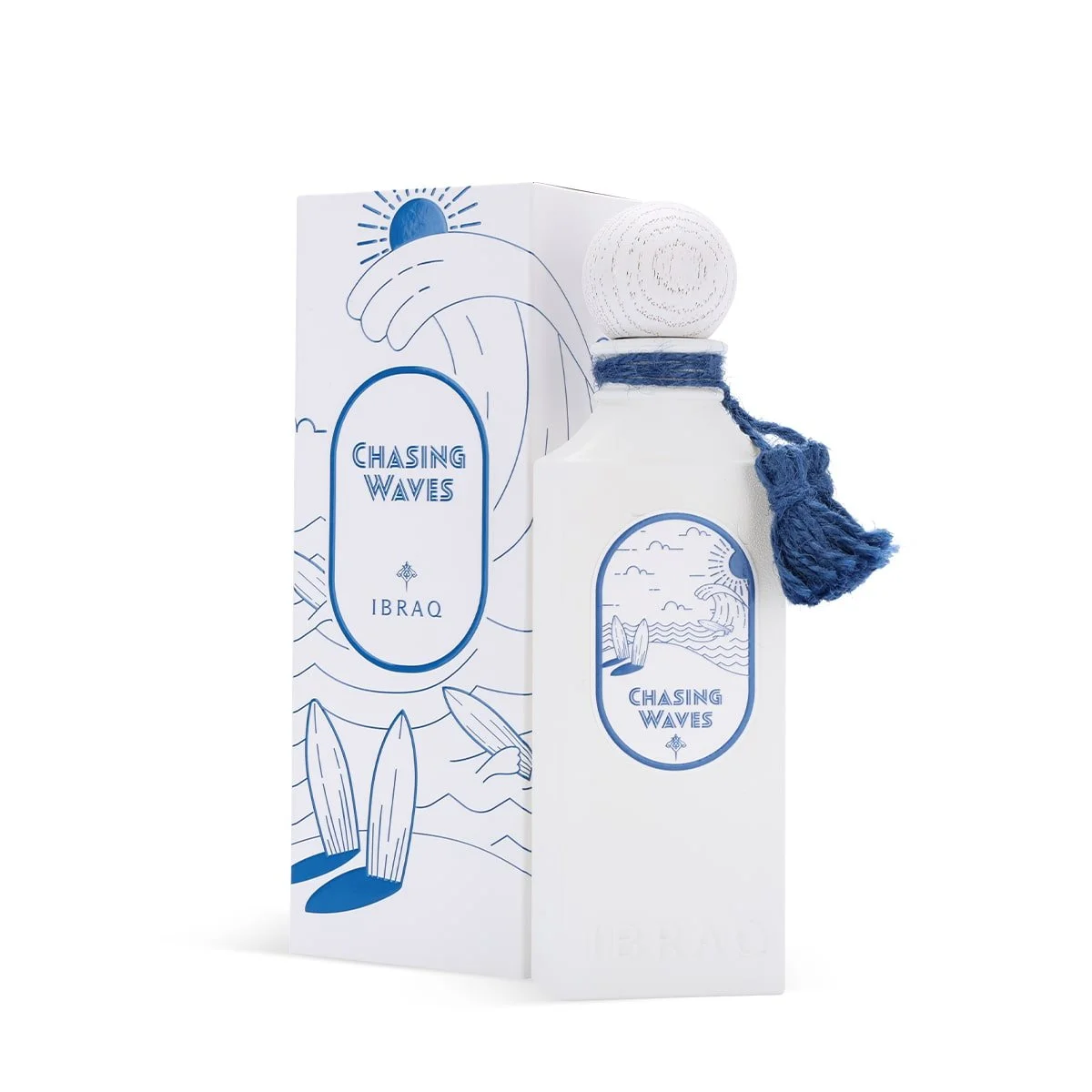 Chasing Waves by Ibraheem Al Qurashi 100ml Eau de Parfum bottle displayed in front of its luxury box.