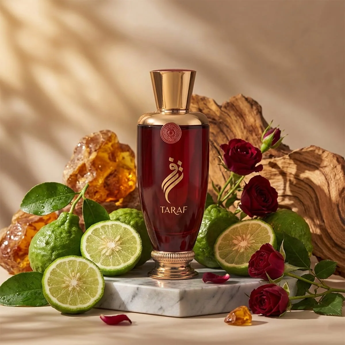 Arabian Oud Taraf perfume with bergamot, rose and leather notes displayed, luxury fragrance UK