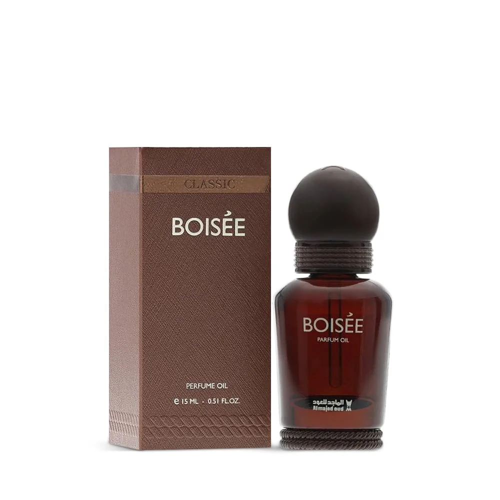 Al Majed Oud Boisee parfum oil 15ml next to box, luxury fragrance oil UK