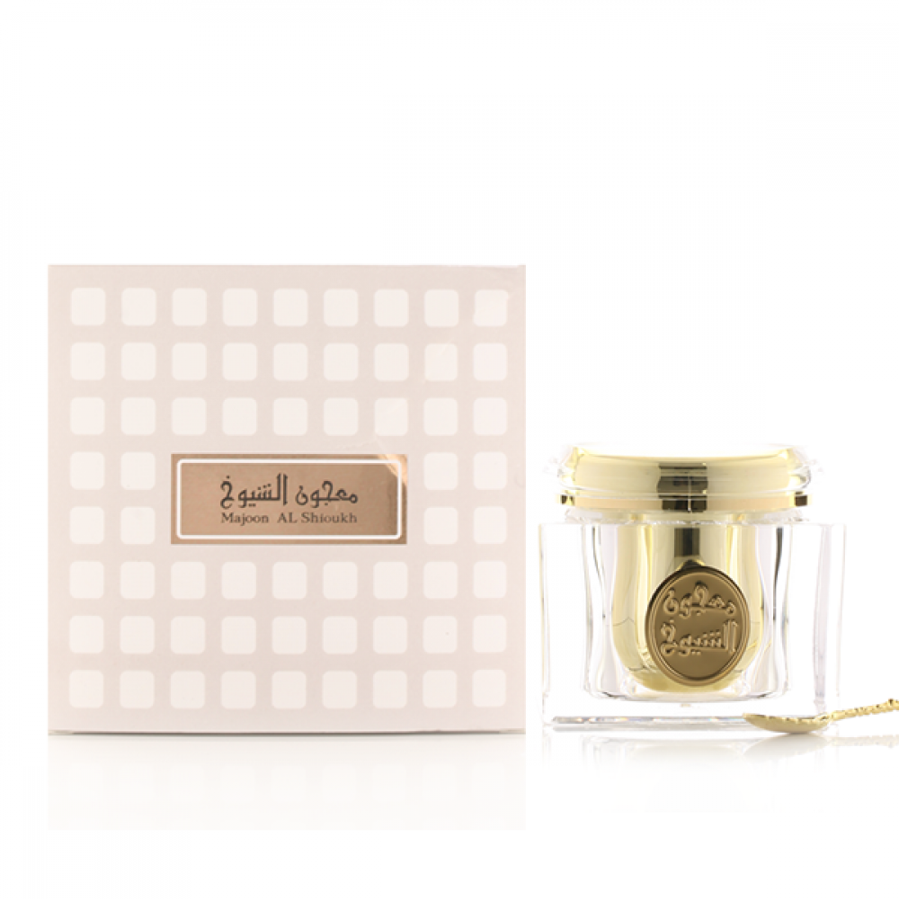 Arabian Oud Majoon Al Shioukh incense case displayed next to luxury box, oud rose bakhoor UK