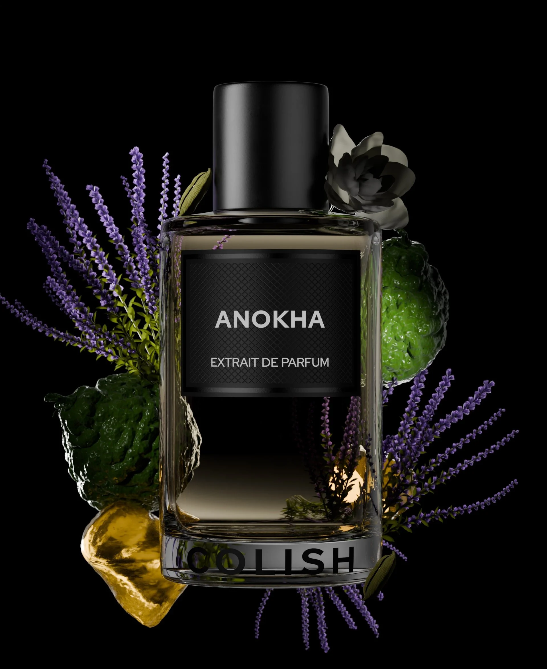 ANOKHA by COLISH perfume bottle displayed with fragrance note visuals in the background.