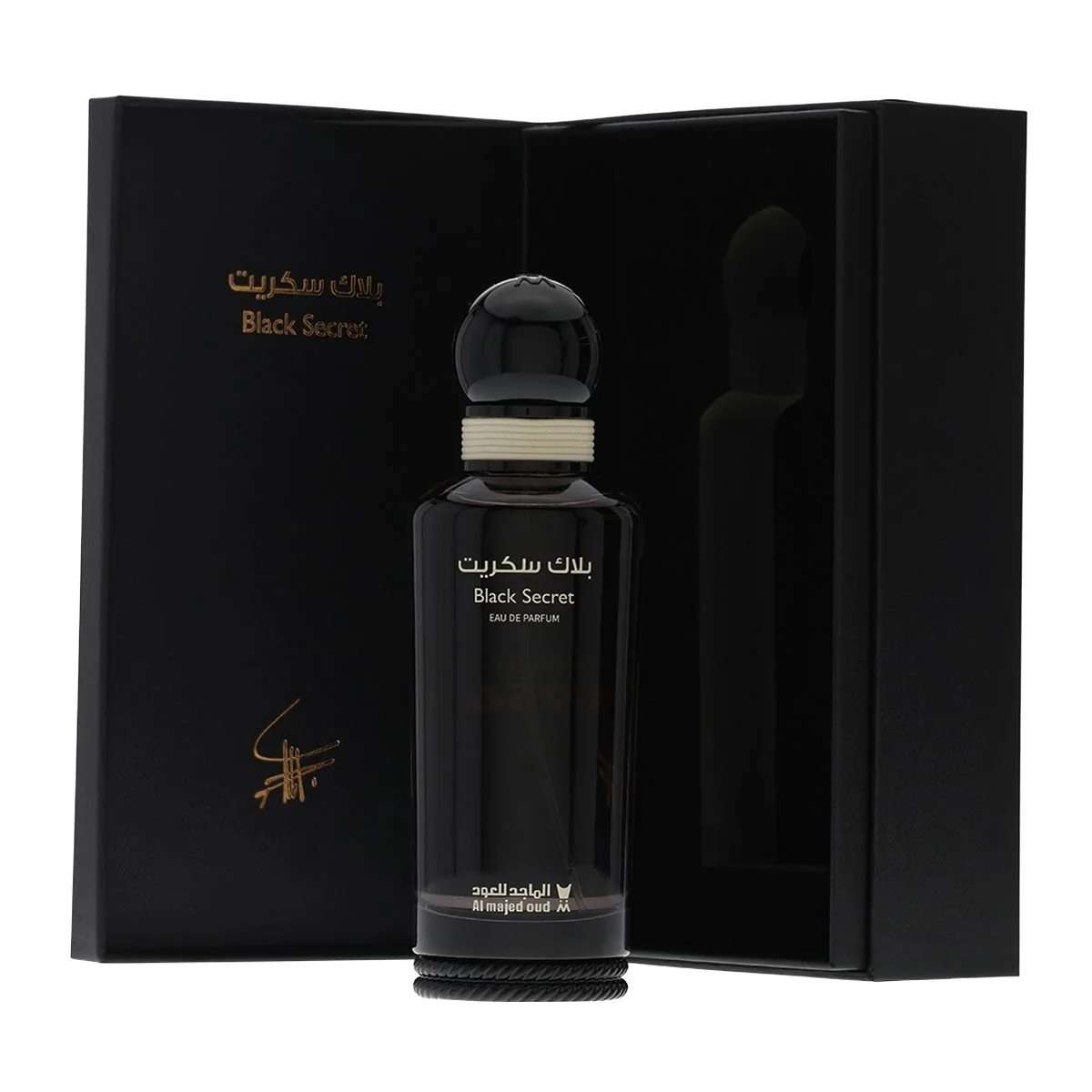 Al Majed Oud Black Secret Classic perfume 150ml in front of box, luxury fragrance UK