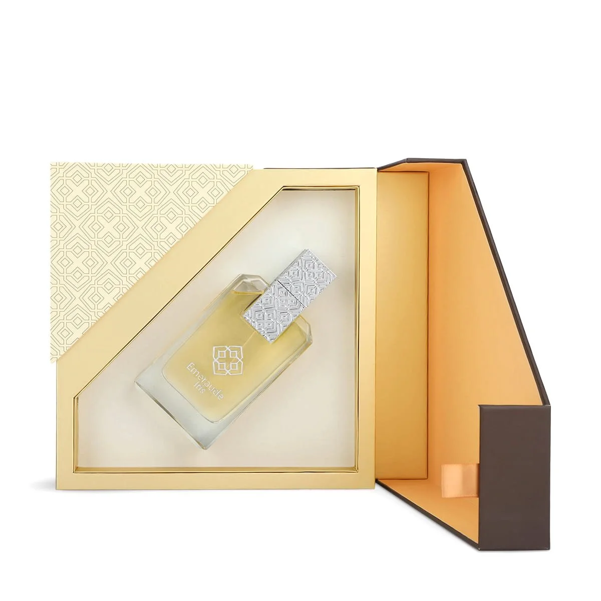 Close up shot of Dkhoun Emeraude Iris perfume inside luxury box UK