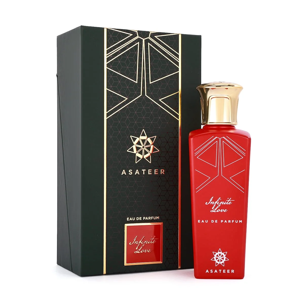 Asateer Infinite Love Eau De Parfum 80ml next to luxury branded box UK