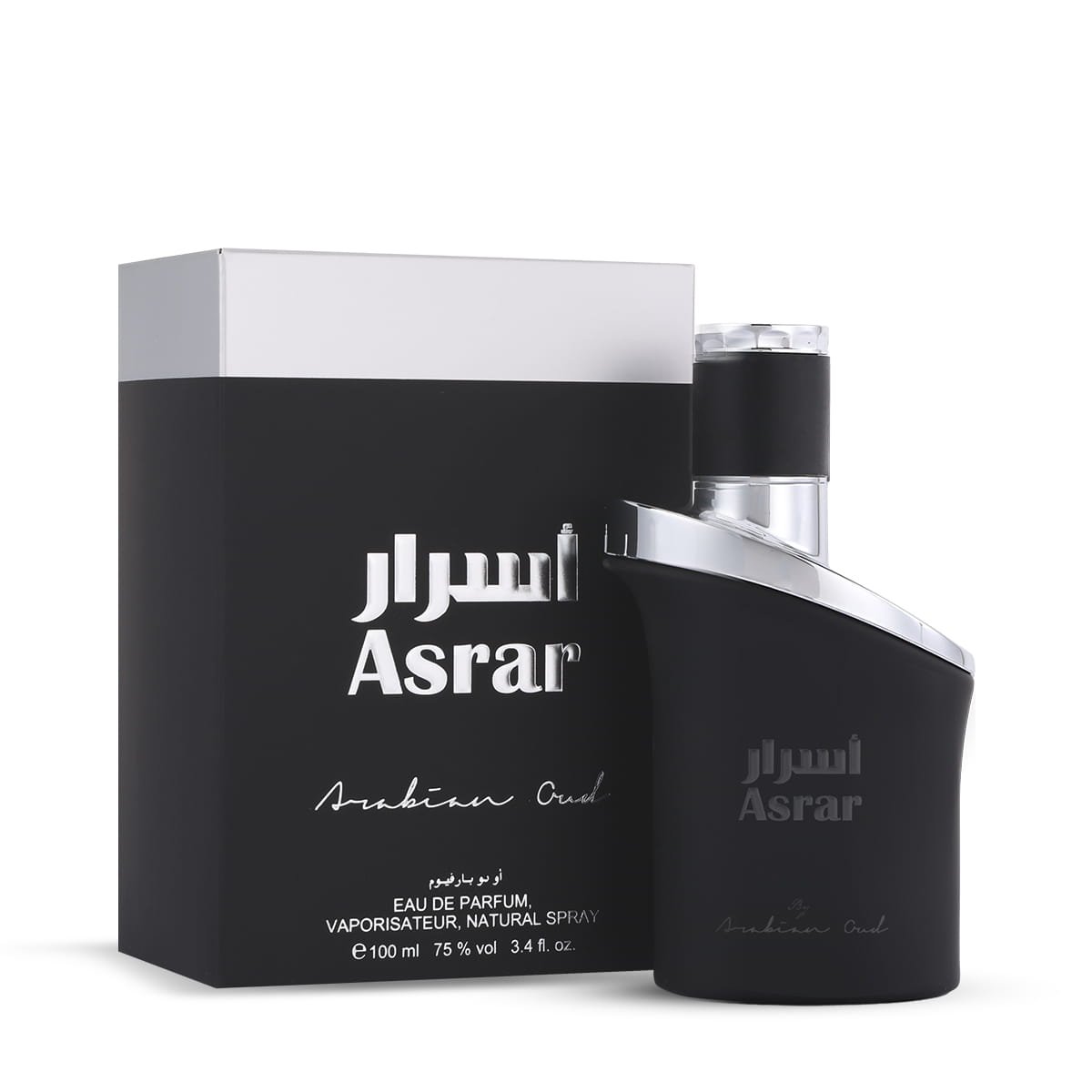Arabian Oud Asrar Eau De Parfum 100ml beside luxury branded box UK