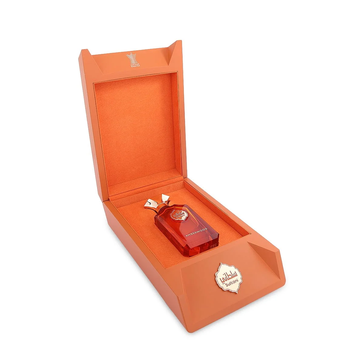 Arabian Oud Sultani Amberwood perfume inside open luxury box, premium fragrance presentation UK