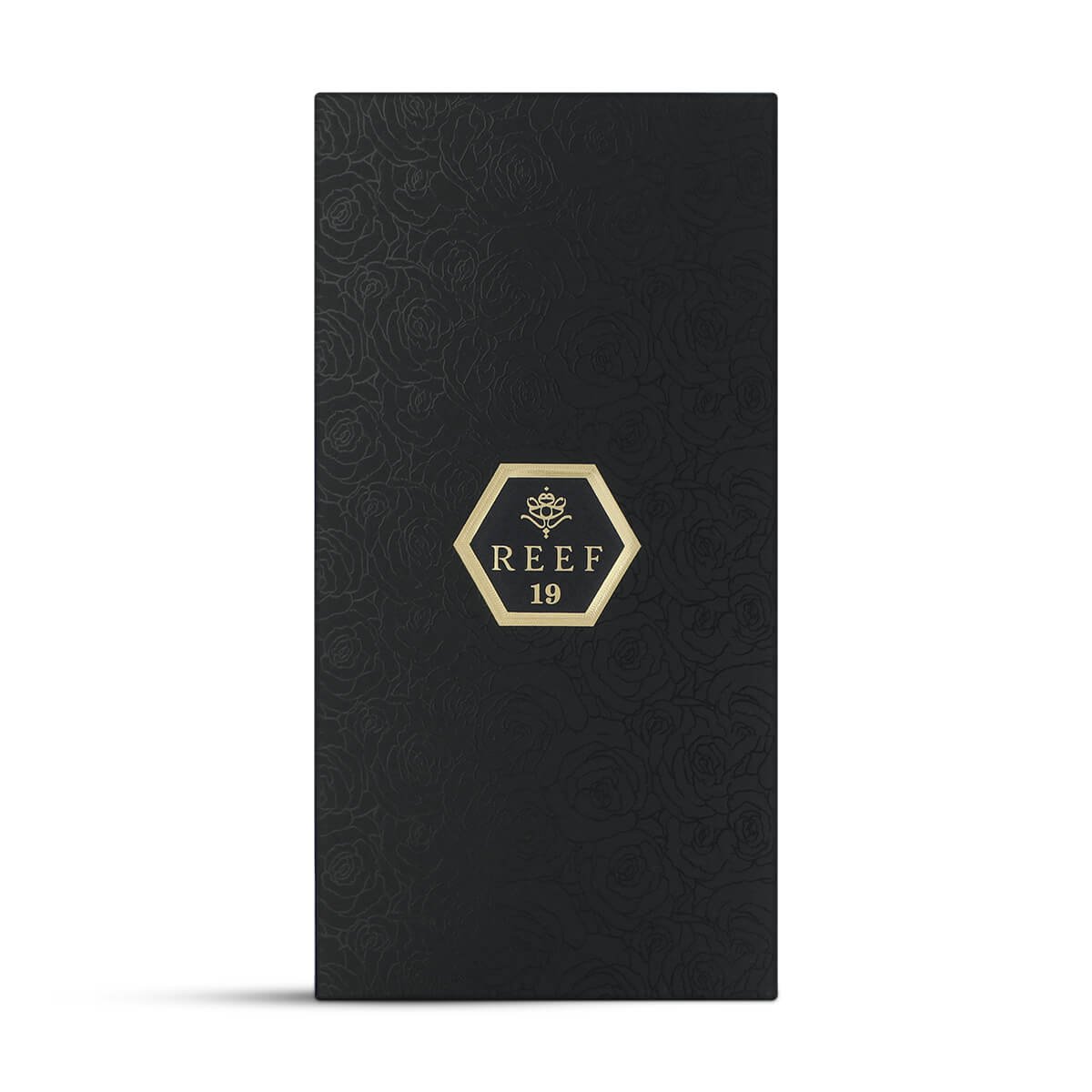 Front view of Reef 19 perfume box showcasing minimalist luxury design on white background