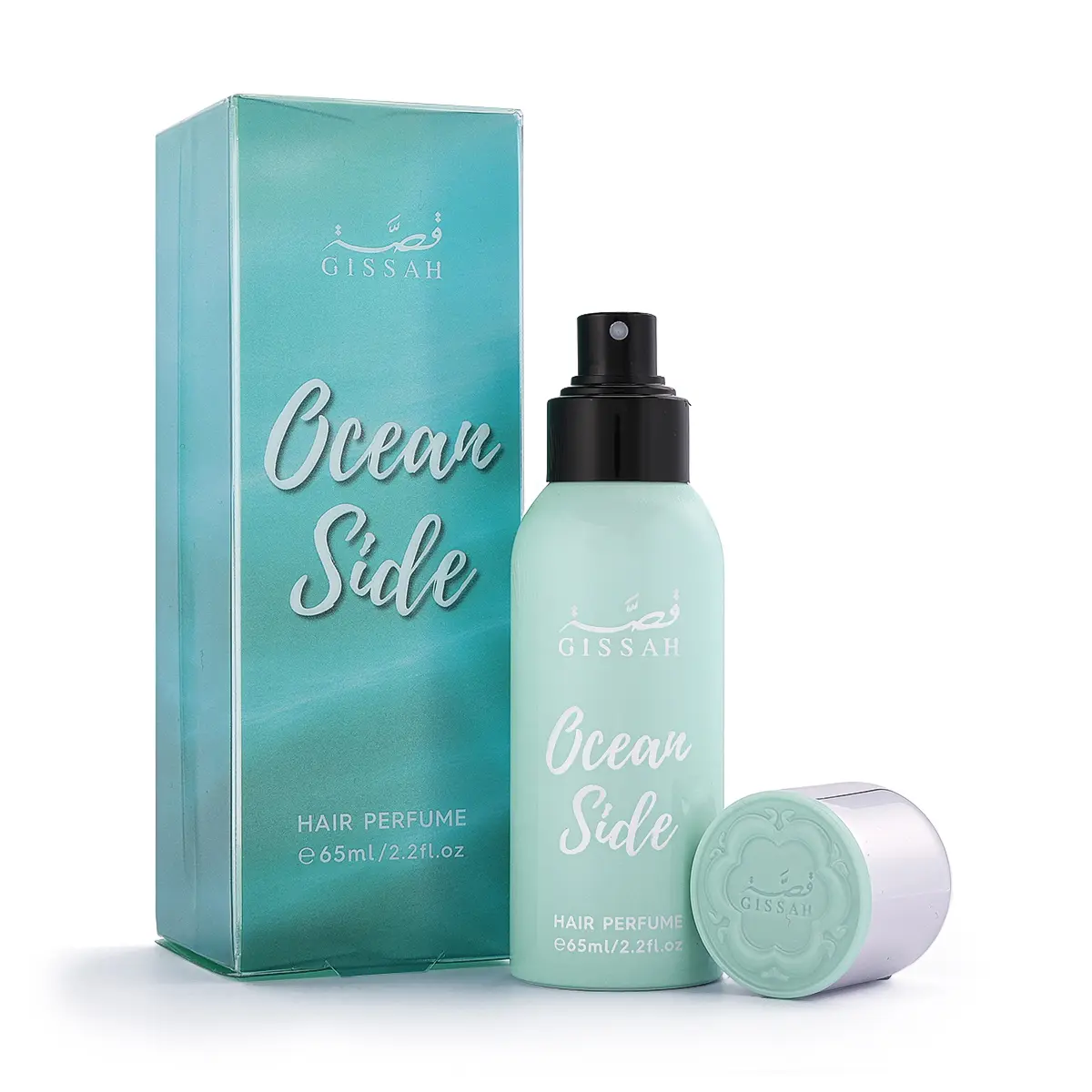 Gissah Ocean Side hair mist 65ml displayed next to its box, fresh aquatic luxury hair perfume UK