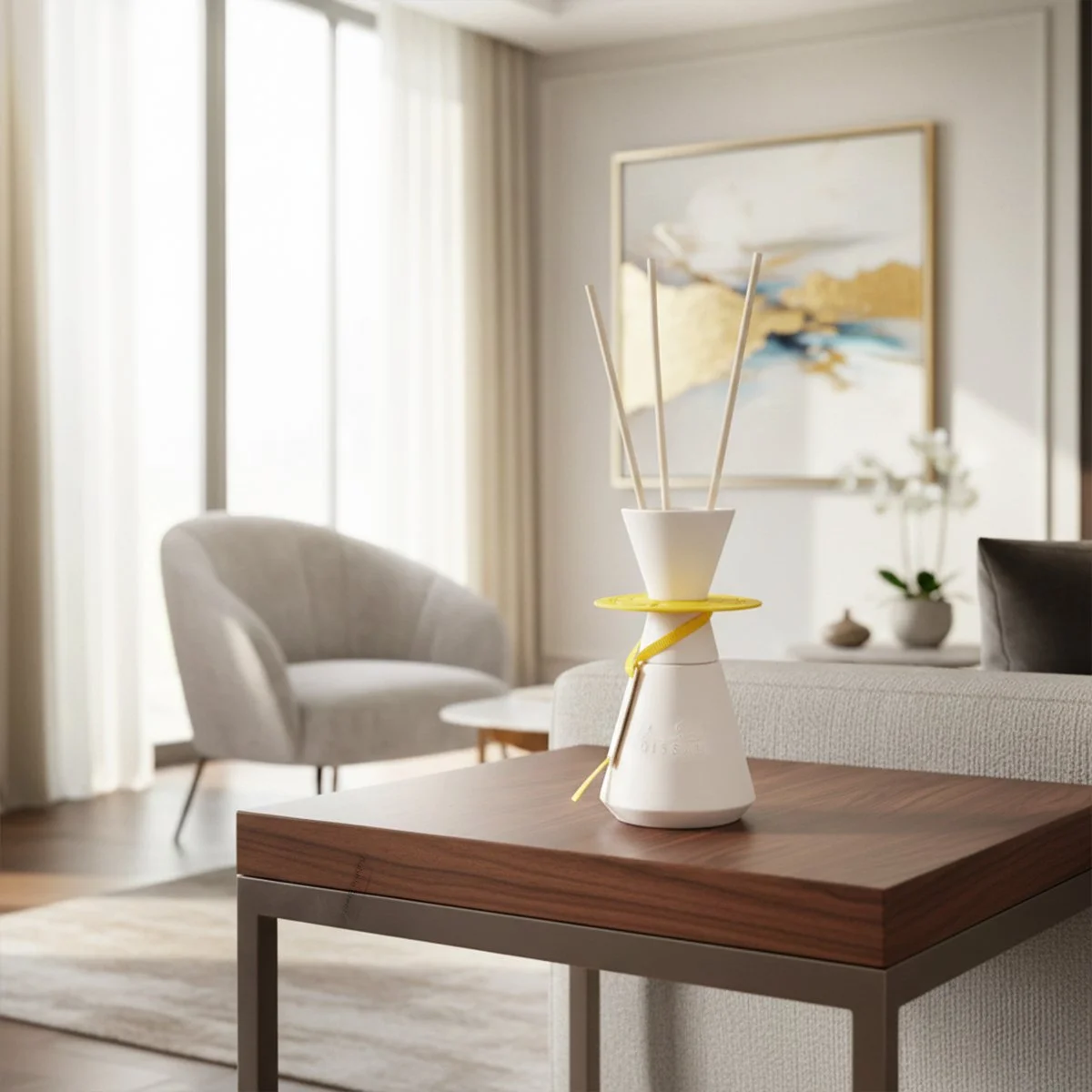 Gissah Charming Day diffuser on coffee table in elegant living room, premium UK home fragrance