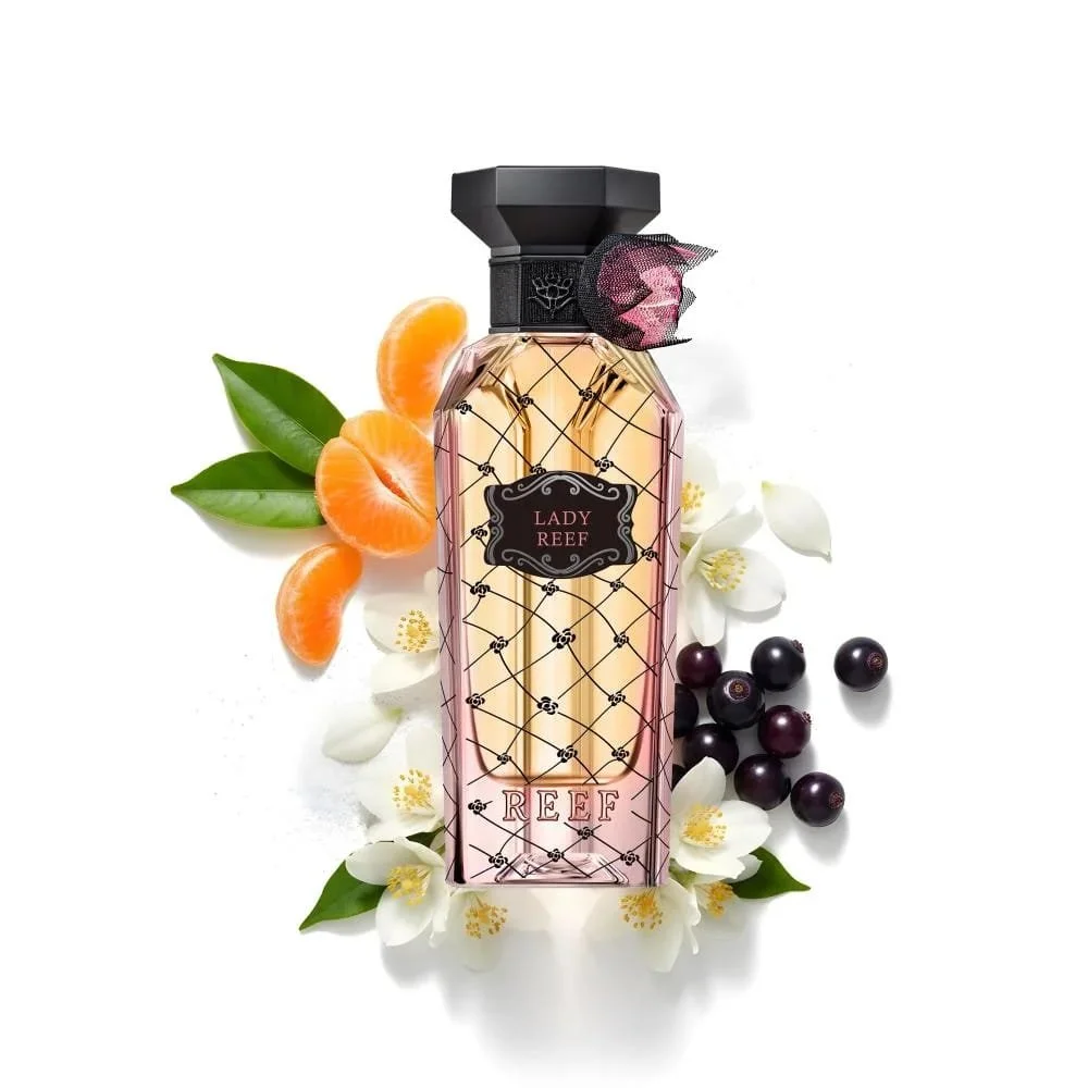 Lady Reef by Reef Perfumes with jasmine, iris and blackcurrant ingredients in the background, floral fruity perfume at Al Rashid Galleria UK