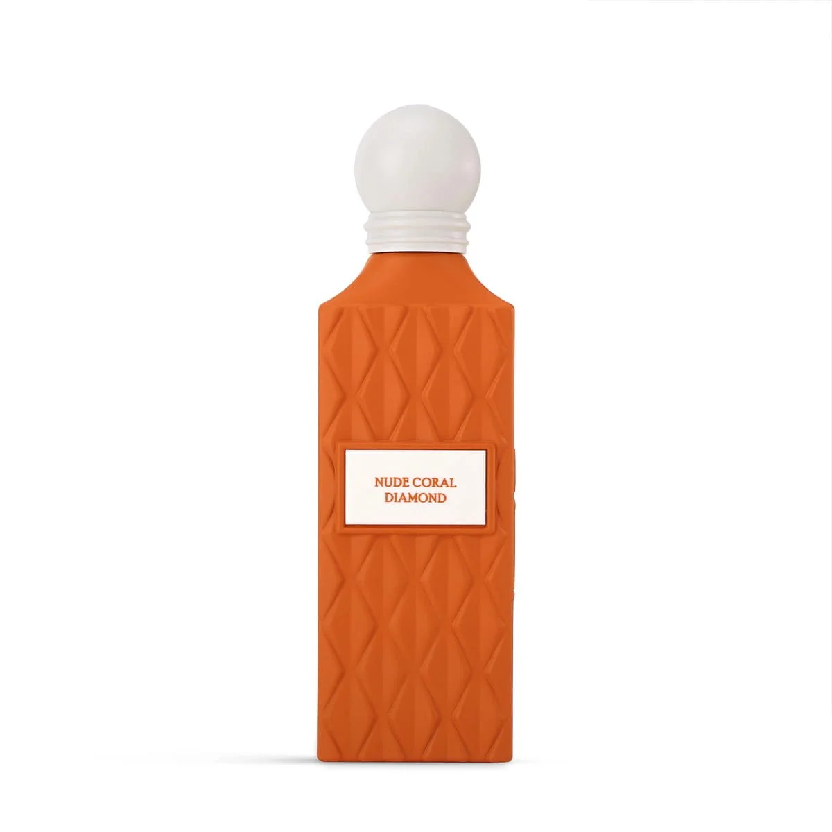 Side angle view of IBRAQ Nude Coral Diamond perfume 150ml, luxury fragrance UK