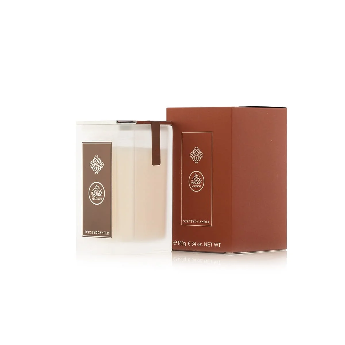 Arabian Oud Madawi scented candle angled view with box, premium candle UK