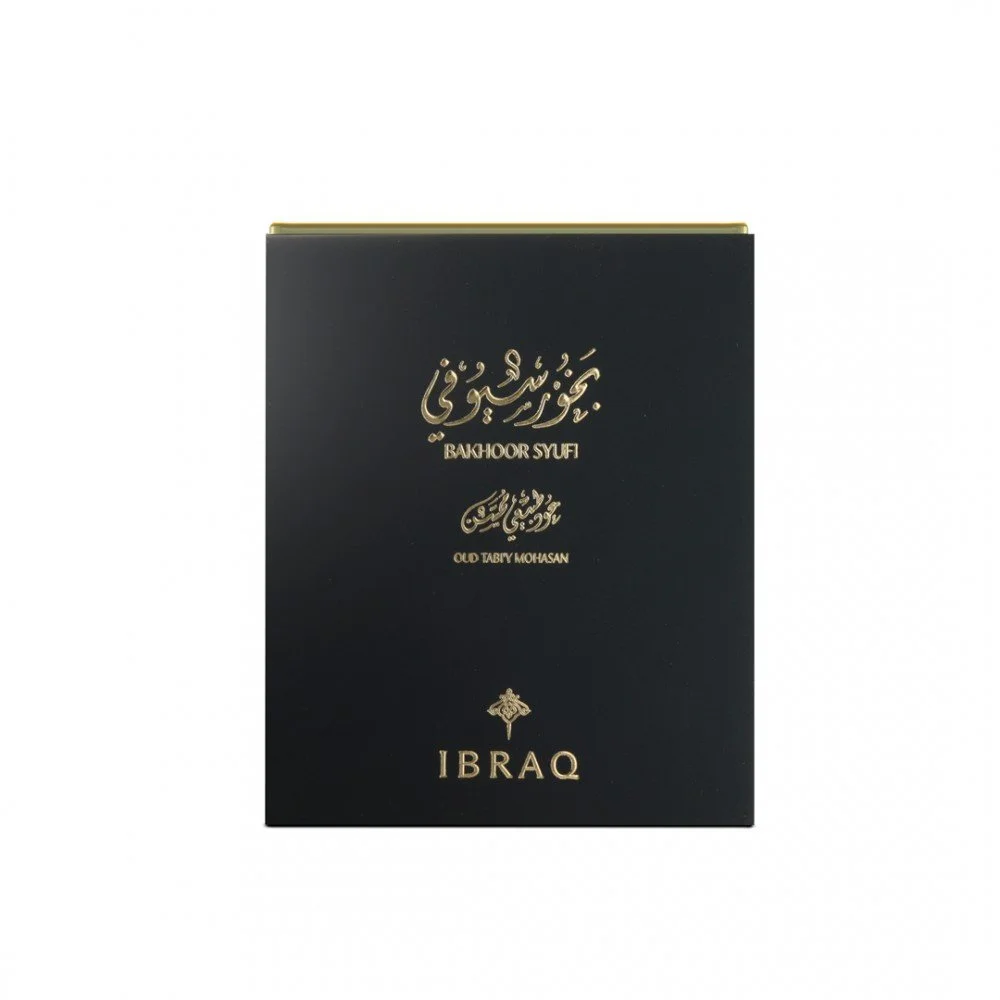 Front view of IBRAQ Bakhoor Syufi Oud Tabi’y Mohasan 30gm box, luxury bakhoor packaging UK