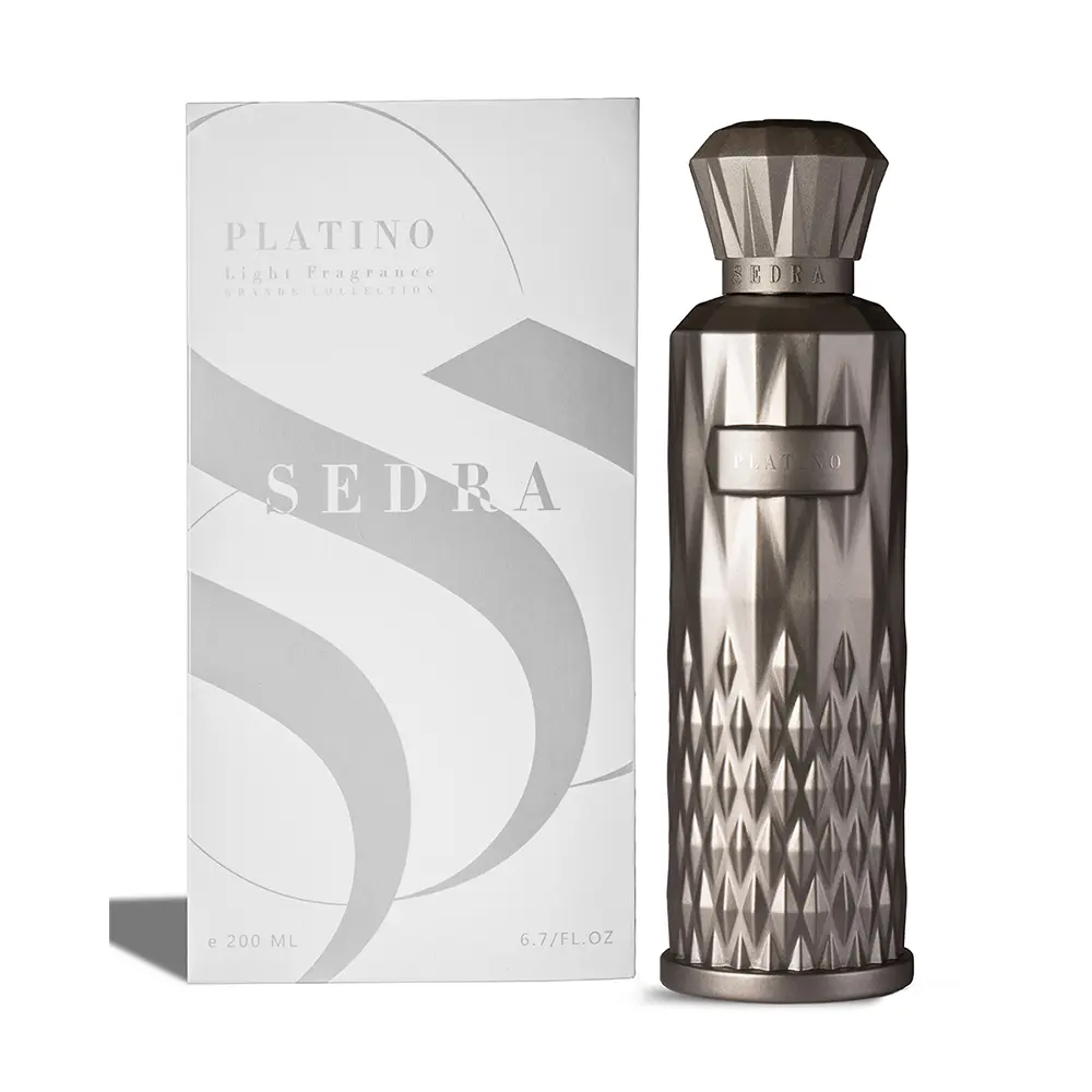 Sedra Platino perfume 200ml next to luxury box, premium spicy woody fragrance UK