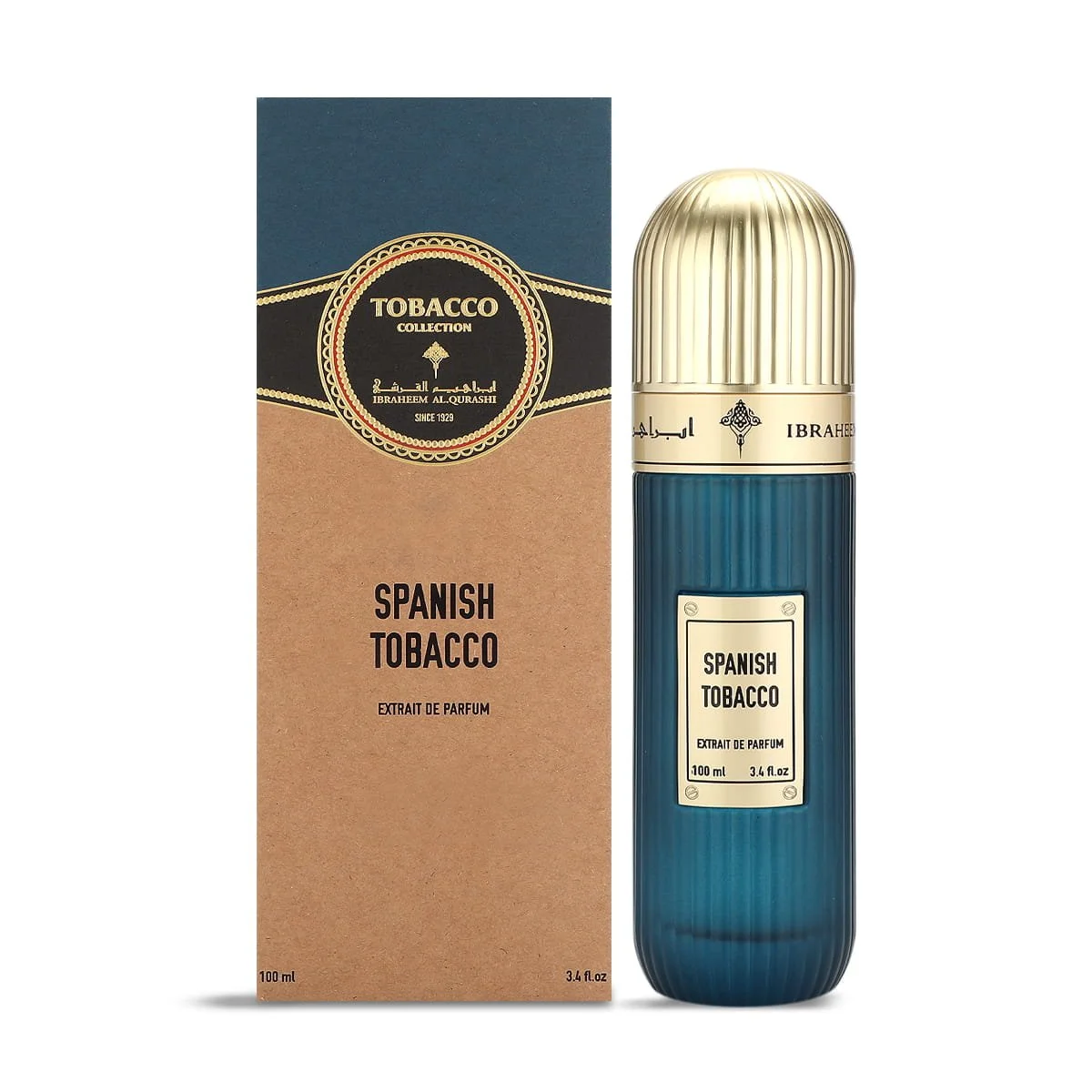 IBRAQ Spanish Tobacco perfume 100ml next to box, luxury best seller fragrance UK