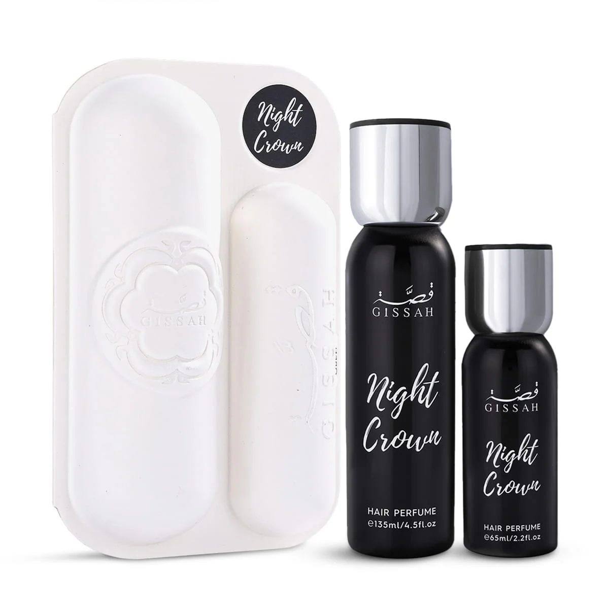 Gissah Night Crown hair mist bottles displayed in front of luxury case, woody hair fragrance UK
