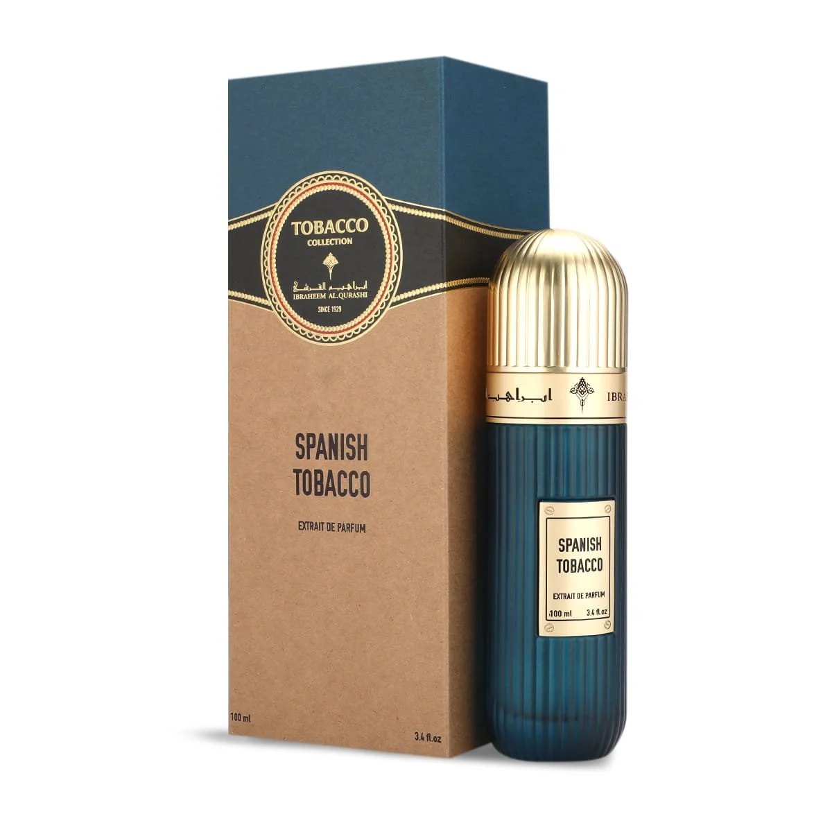 IBRAQ Spanish Tobacco perfume in front of box, premium fragrance UK