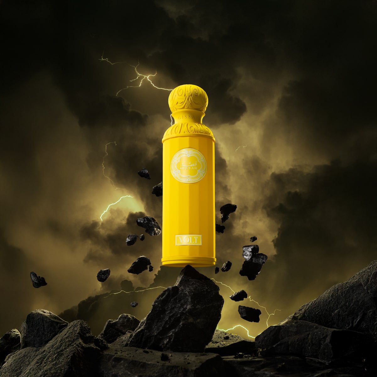 Gissah VOLT bottle on rock with dramatic thunderstorm background – electric summer citrus fragrance – available at Al Rashid Galleria UK