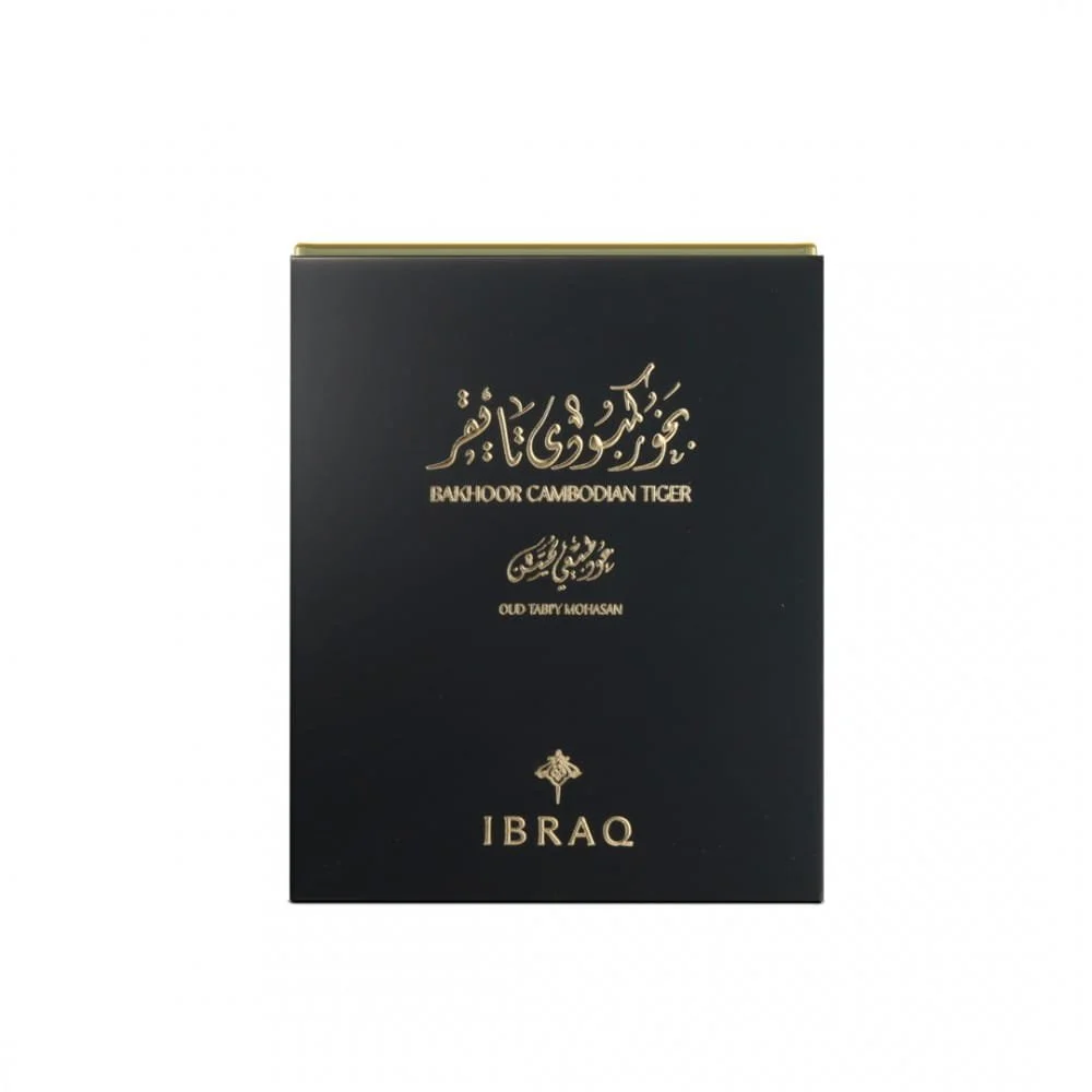 Front view of IBRAQ Bakhoor Cambodian Tiger Oud Tabi’y Mohasan 30gm box, luxury bakhoor packaging UK