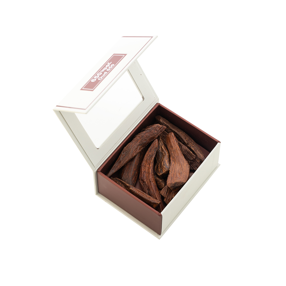 Oud 650 chips inside box, natural agarwood bakhoor by Arabian Oud UK