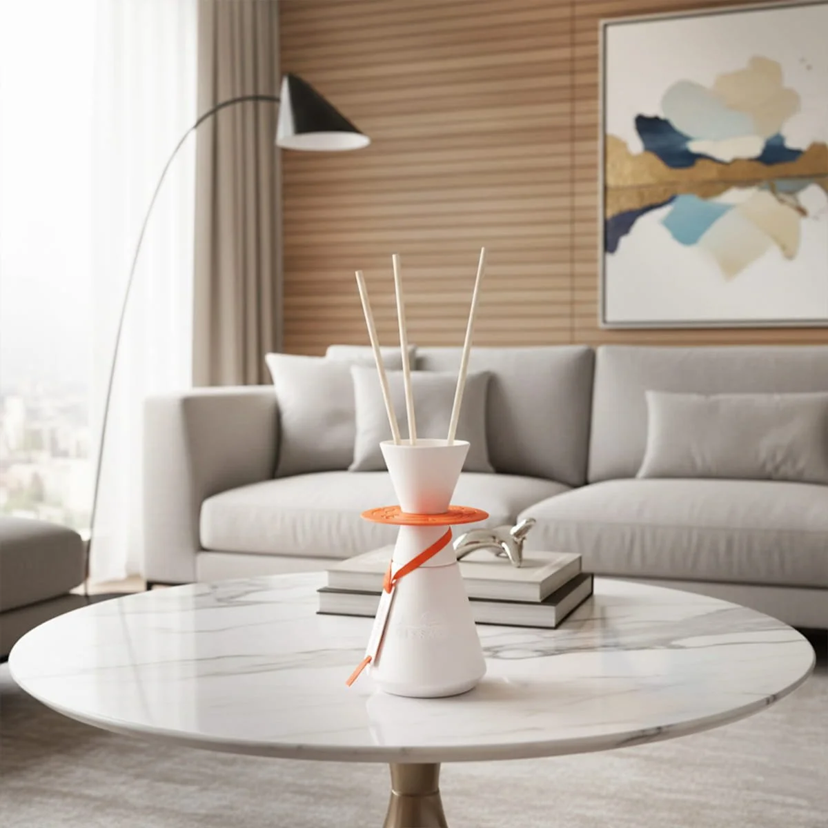 Gissah Sunset Moment diffuser on coffee table in elegant living room, premium UK home fragrance