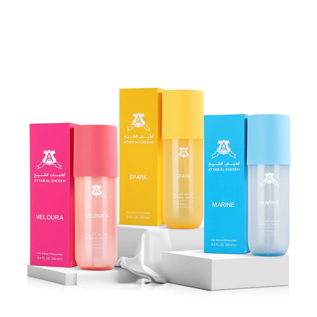 Atyab Al Sheekh Fresh Vibes Set with Spark, Marine and Veloura Body Mist 250ml on white background UK