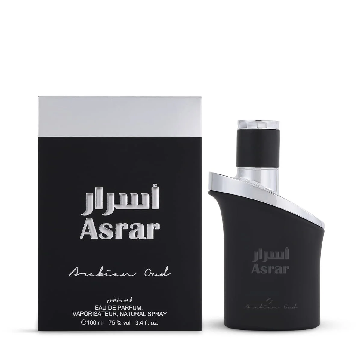 Arabian Oud Asrar Eau De Parfum 100ml next to luxury branded box UK