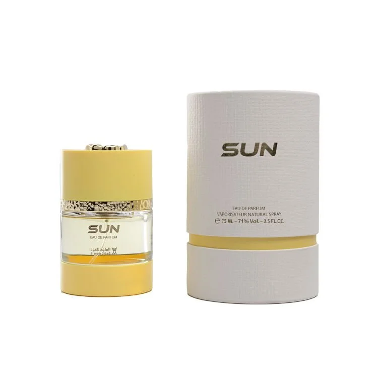 Al Majed Oud Sun perfume 75ml next to box, luxury summer fragrance UK