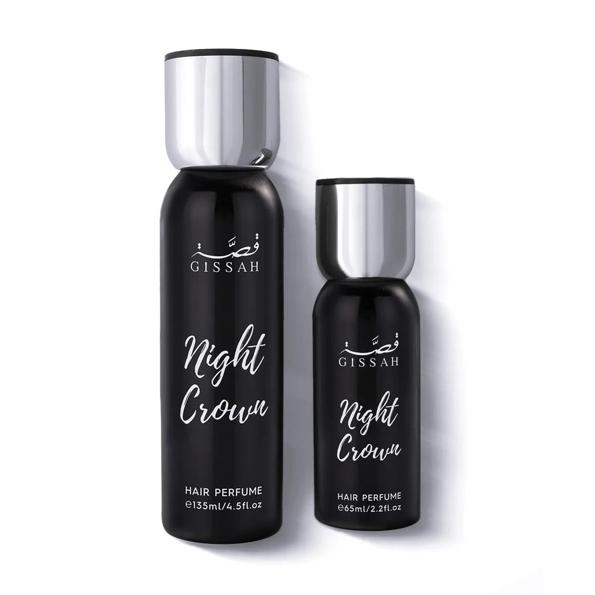 Gissah Night Crown hair mist set 135ml and 65ml on white background, luxury woody hair perfume UK