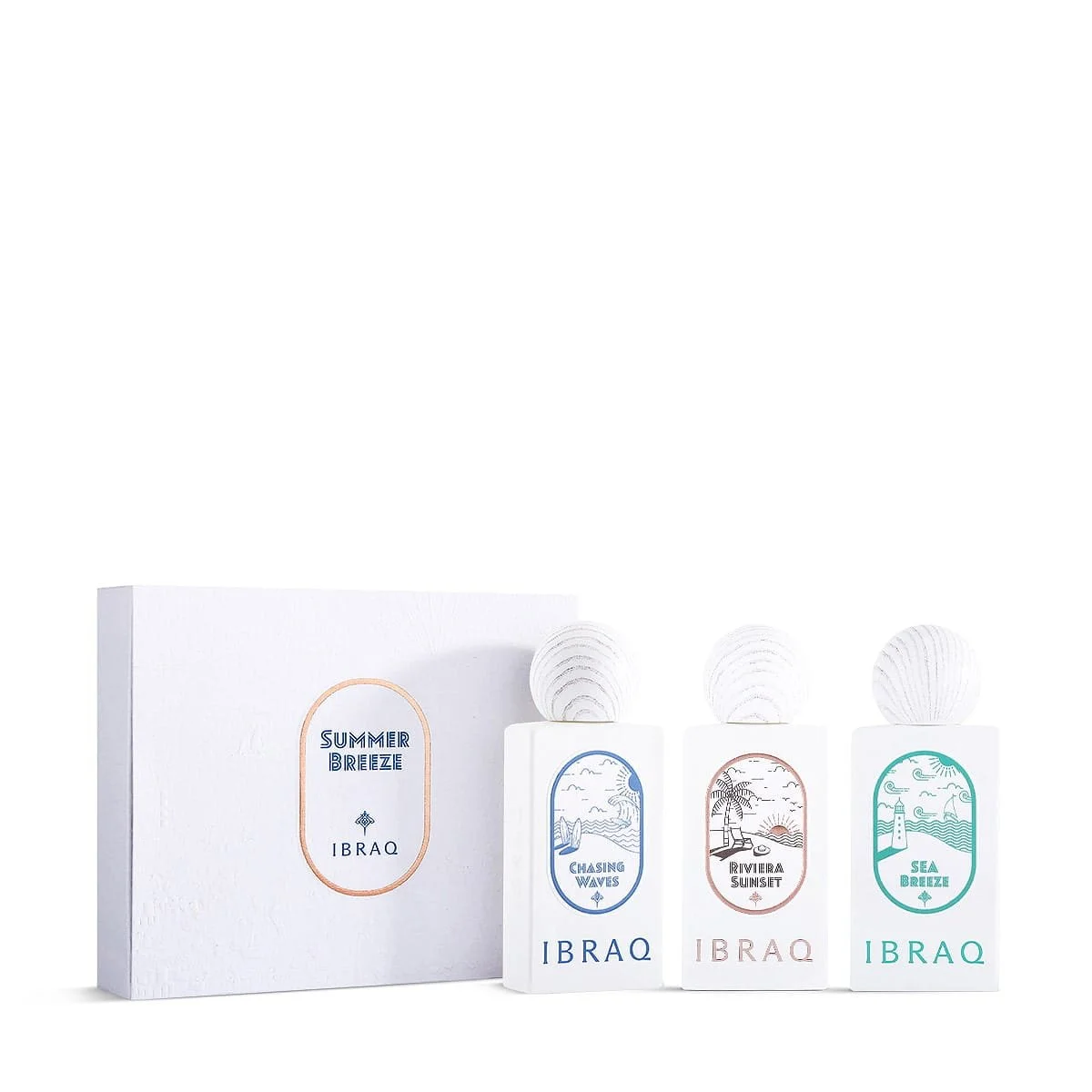 IBRAQ Summer Breeze Set 3x10ml perfumes in front of box, luxury summer fragrance set UK