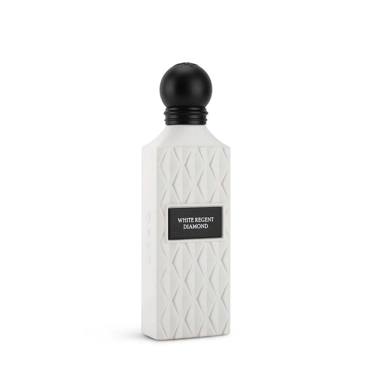 Side angle view of IBRAQ White Regent Diamond perfume 150ml, luxury fragrance UK