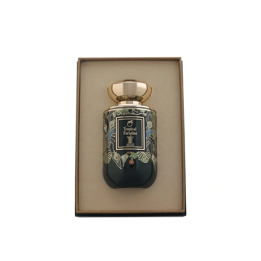 Arabian Oud Tropical Paradise 100ml perfume bottle displayed inside its presentation case