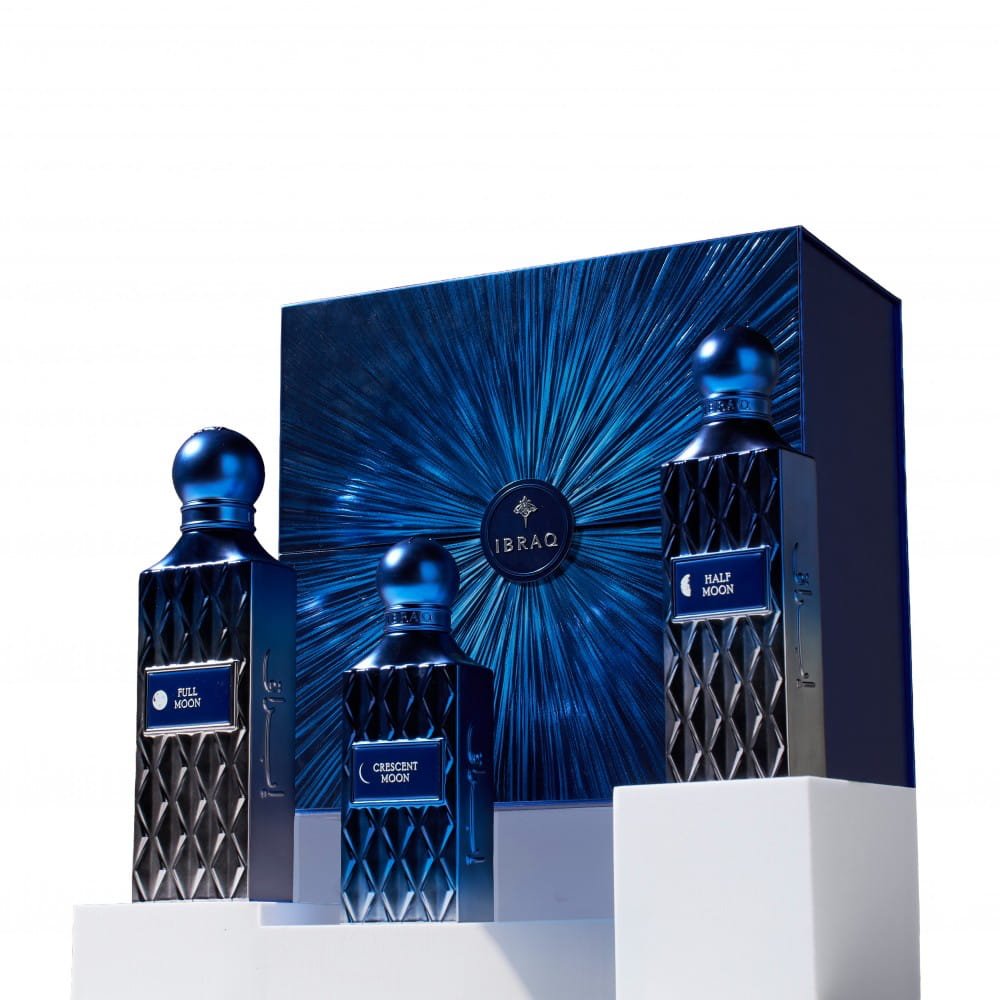 IBRAQ Moon Collection perfumes in front of box, premium fragrance set UK