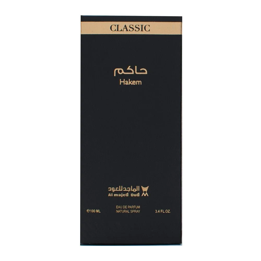 Front view of Al Majed Oud Hakem Classic perfume box, luxury packaging UK