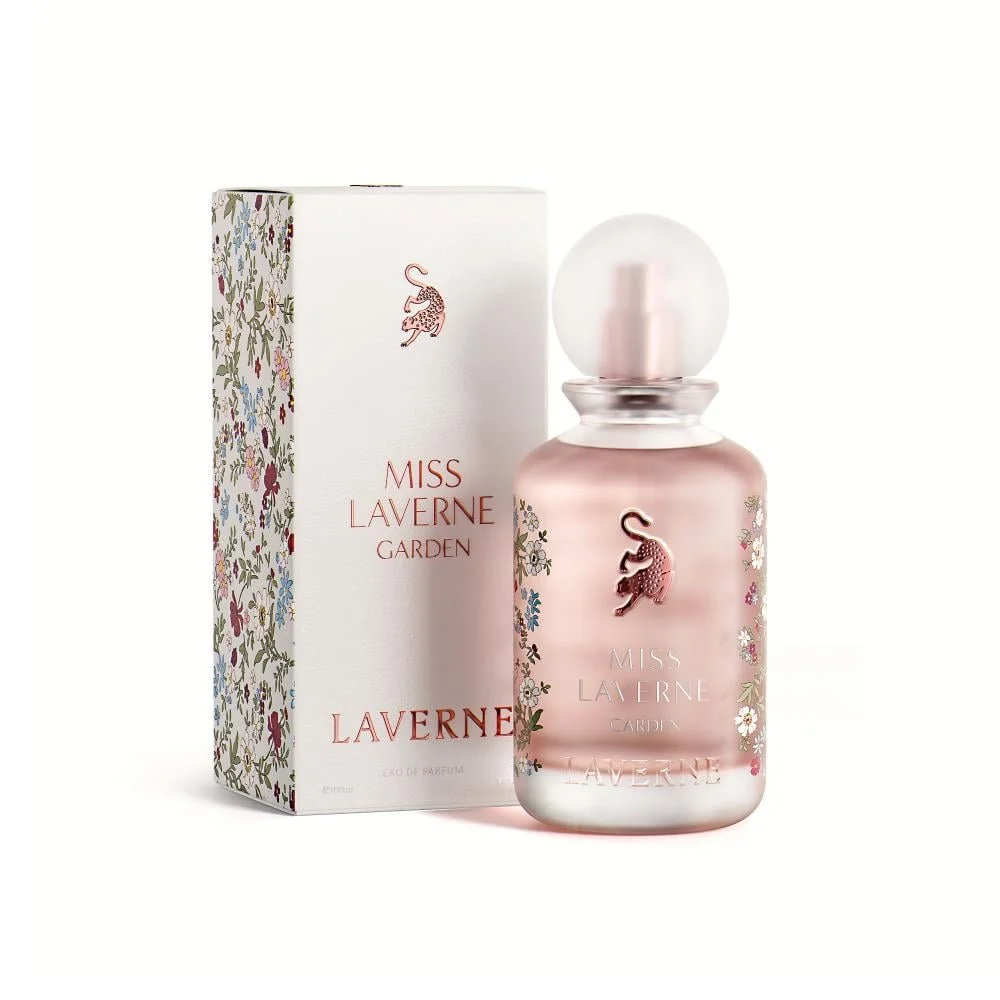 Miss Laverne Garden perfume bottle beside its original box showcasing elegant luxury packaging