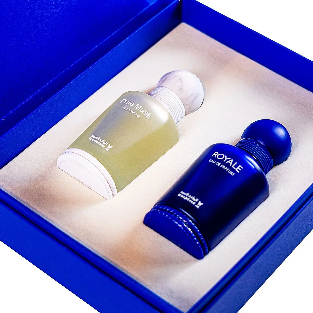 Al Majed Oud Royale and Pure Musk gift set angled open box view, premium fragrance set UK