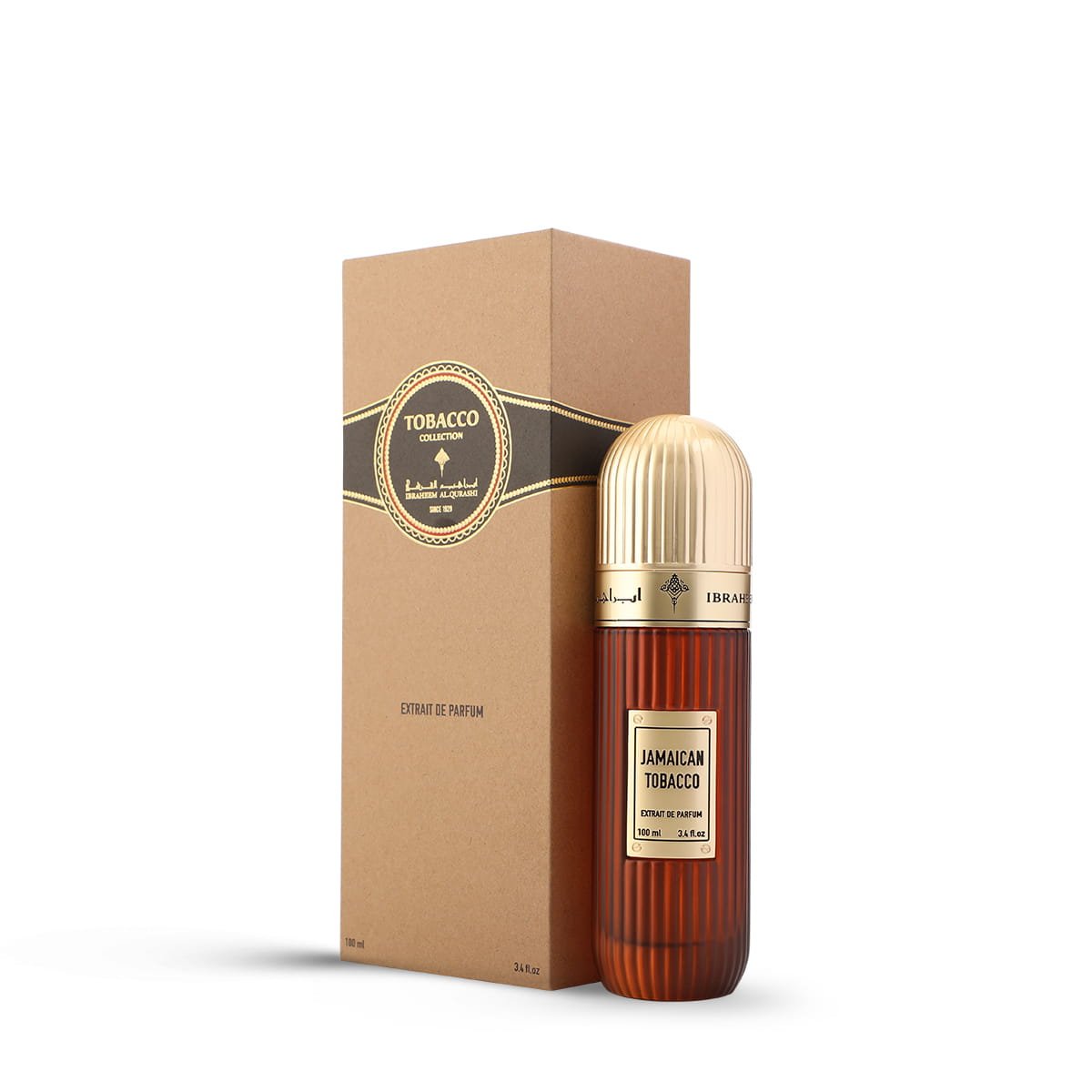 IBRAQ Jamaican Tobacco perfume in front of box, luxury fragrance UK