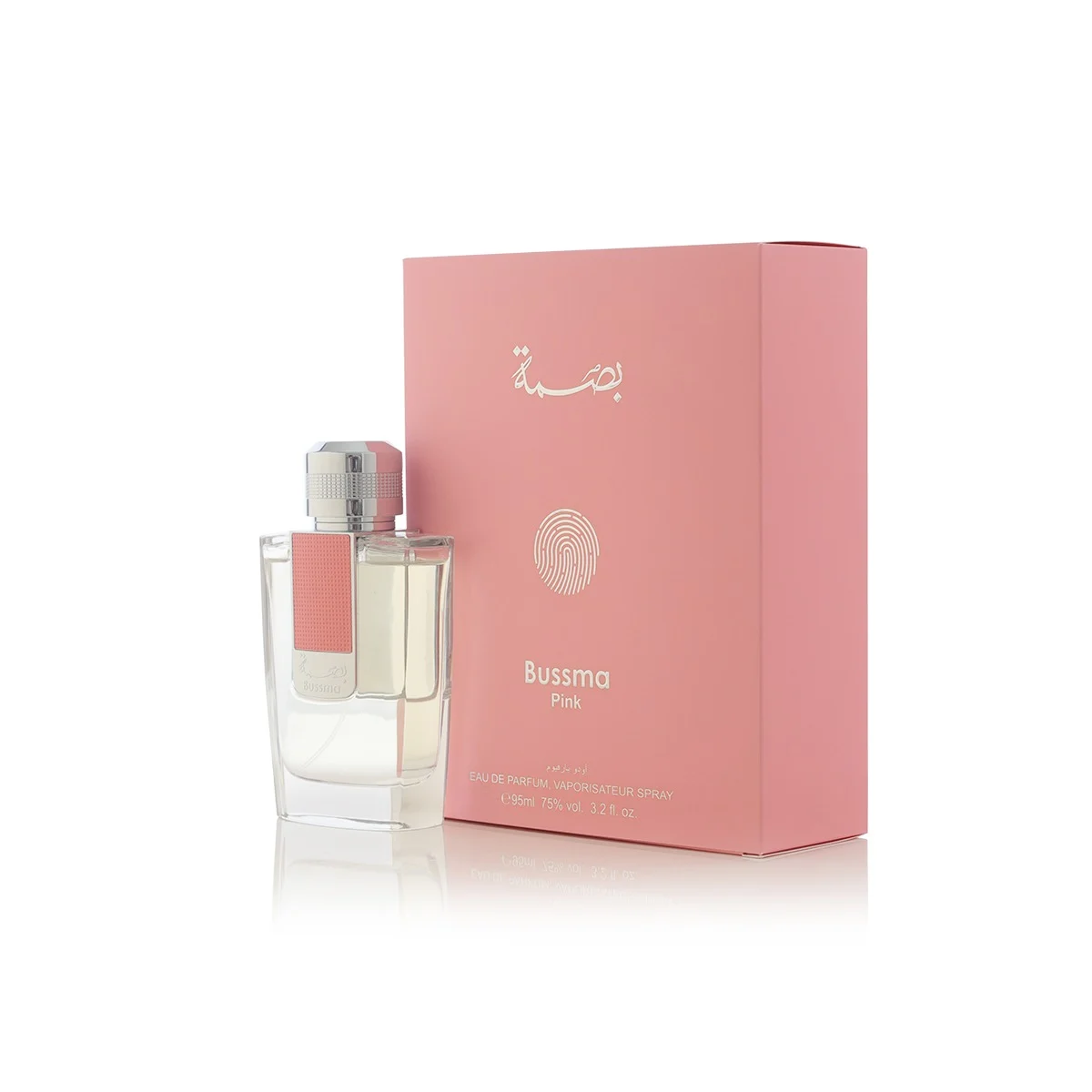 Arabian Oud Bussma Pink perfume angled next to box, fresh everyday fragrance UK