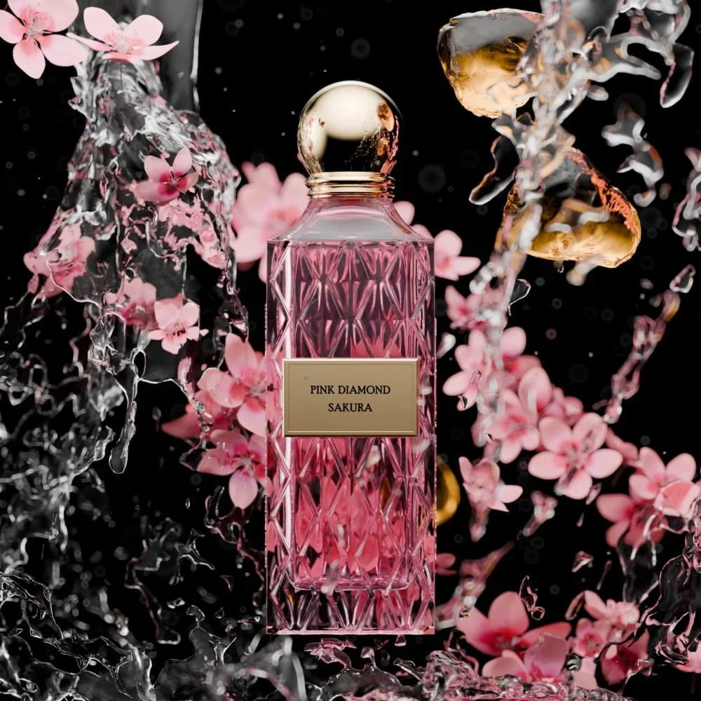 IBRAQ Pink Diamond Sakura perfume with ingredients display, floral woody fragrance UK