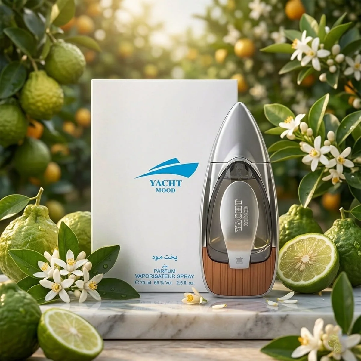 Arabian Oud Yacht Mood perfume with bergamot, marine notes and vanilla ingredients, fresh aquatic fragrance UK