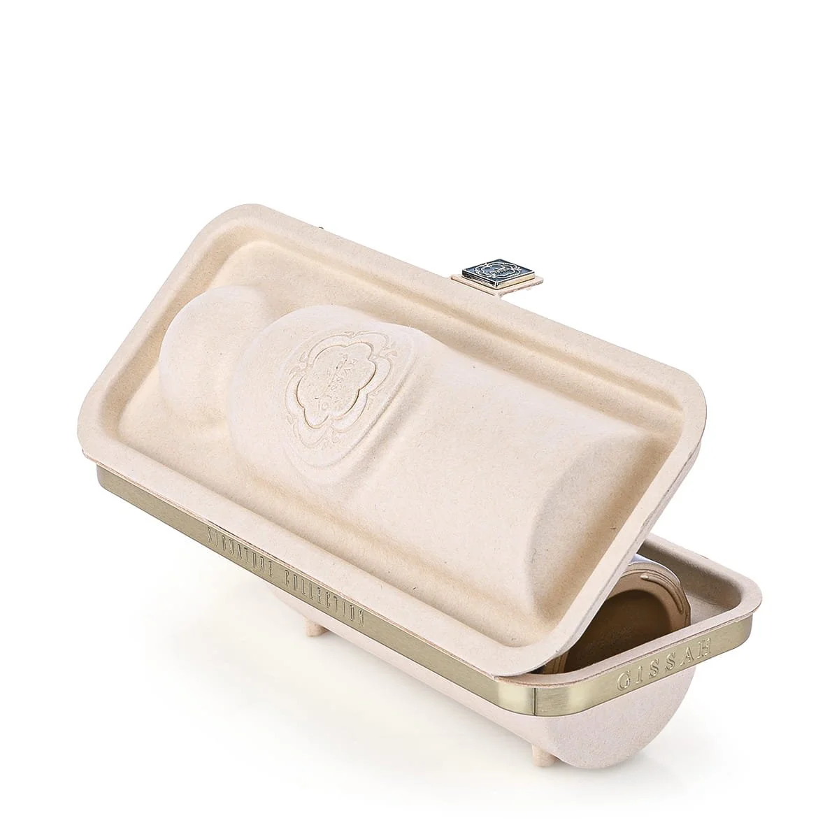 Gissah Imperial Valley case slightly open showing interior details, luxury perfume packaging UK