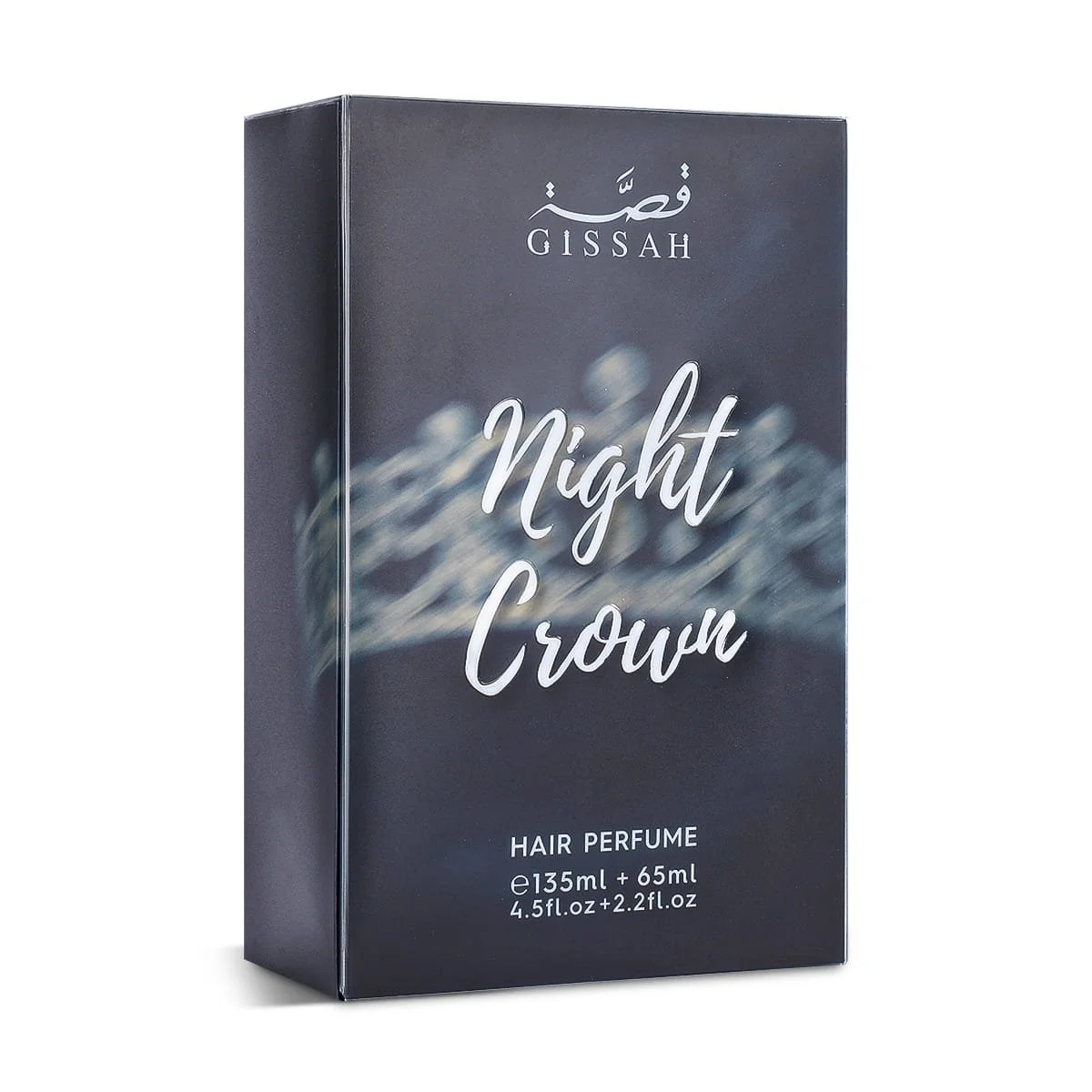 Front view of Gissah Night Crown hair mist box, luxury woody fragrance UK