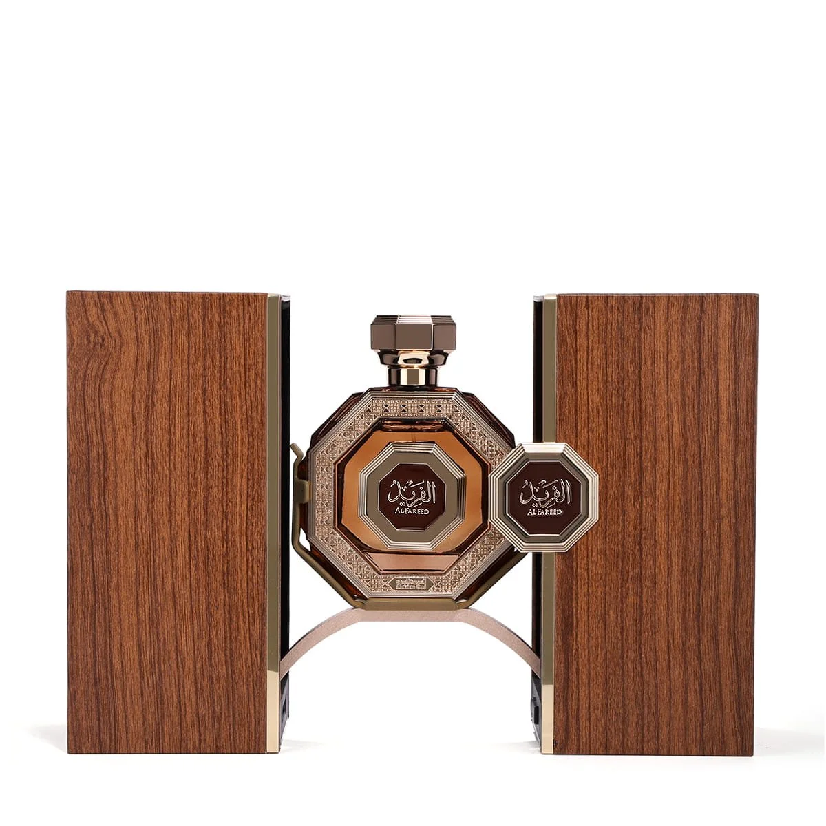 Arabian Oud Al Fareed perfume inside open luxury box, premium fragrance presentation UK