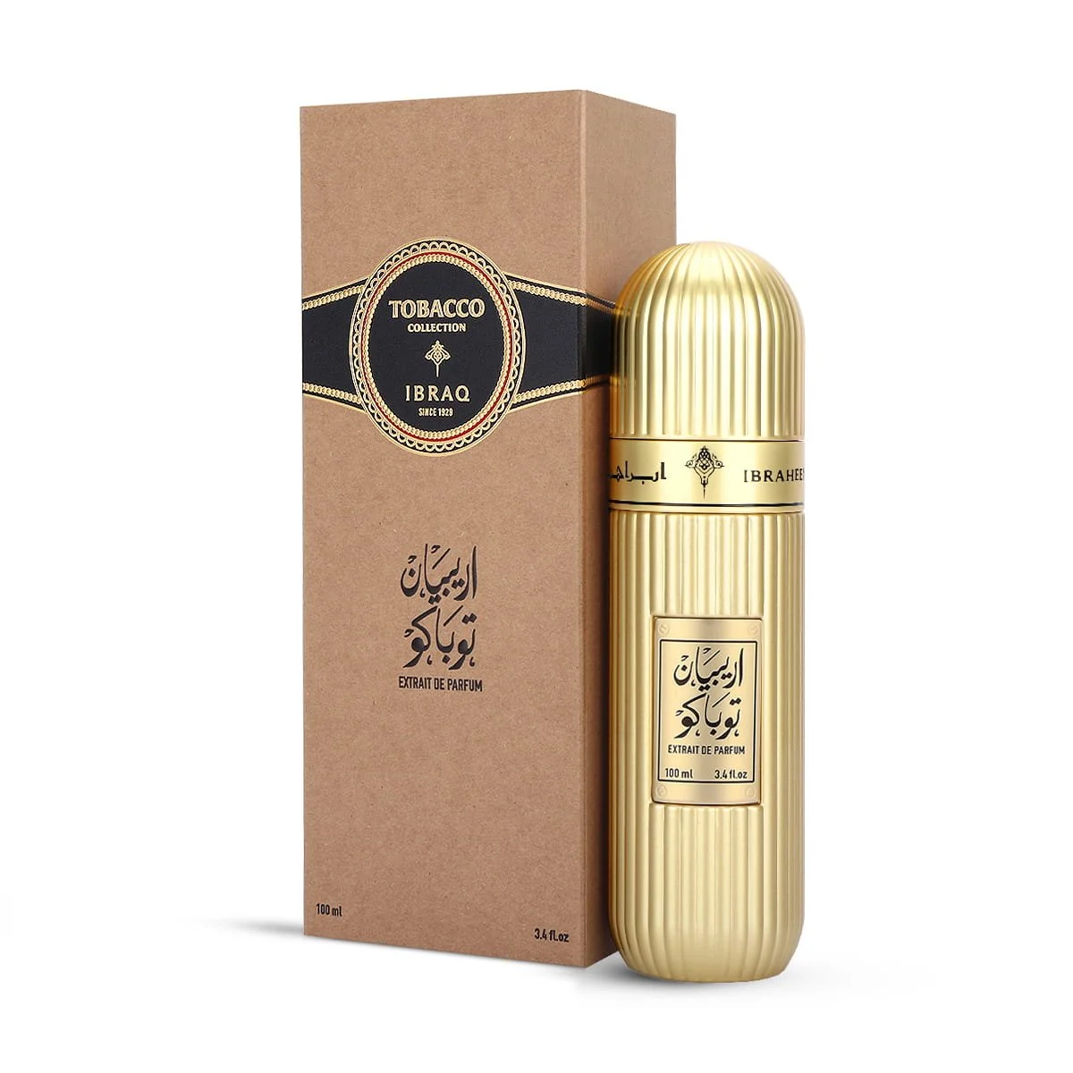 IBRAQ Arabian Tobacco perfume 100ml next to box, luxury niche fragrance UK
