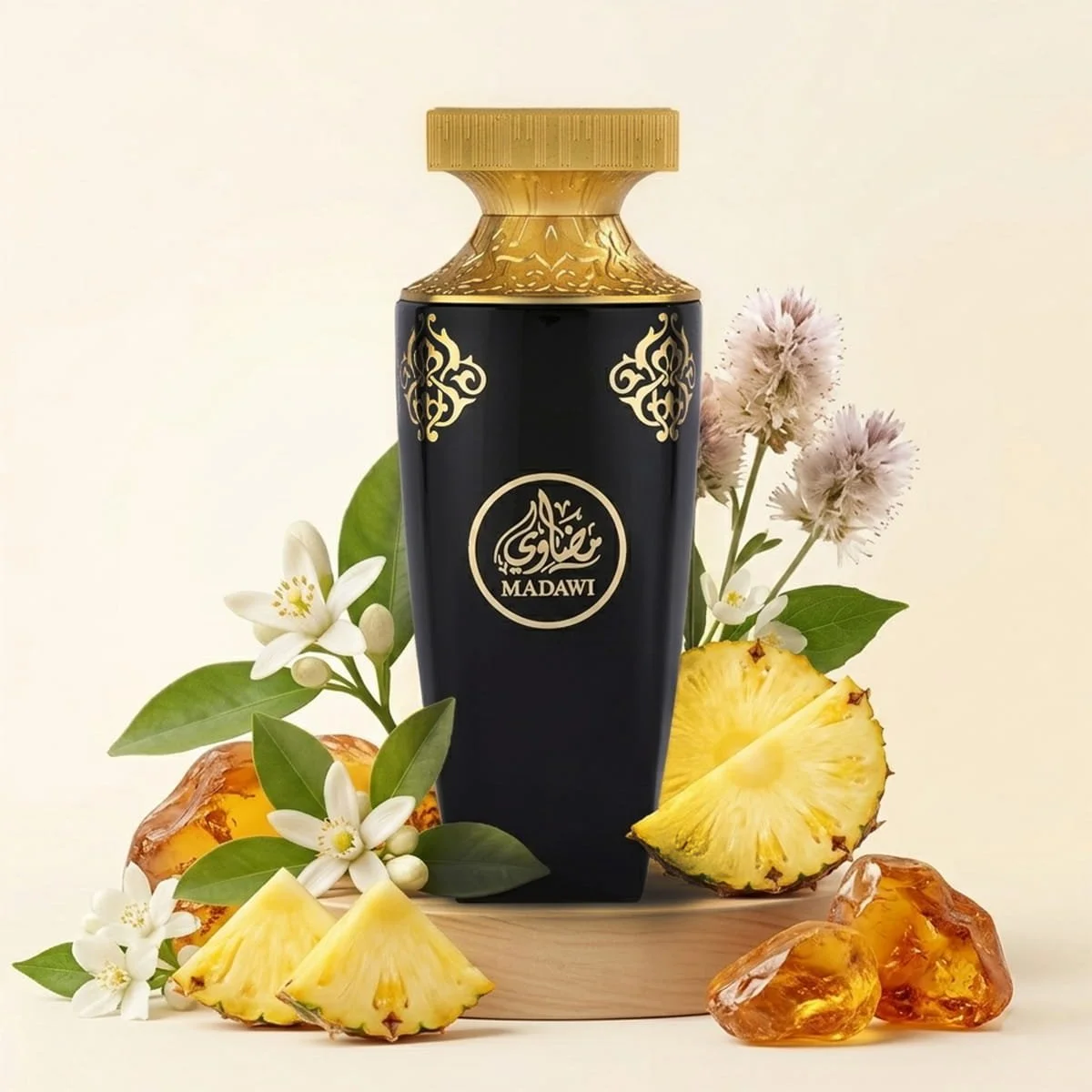 Arabian Oud Madawi perfume with pineapple, orange blossom and musk ingredients, luxury fragrance UK