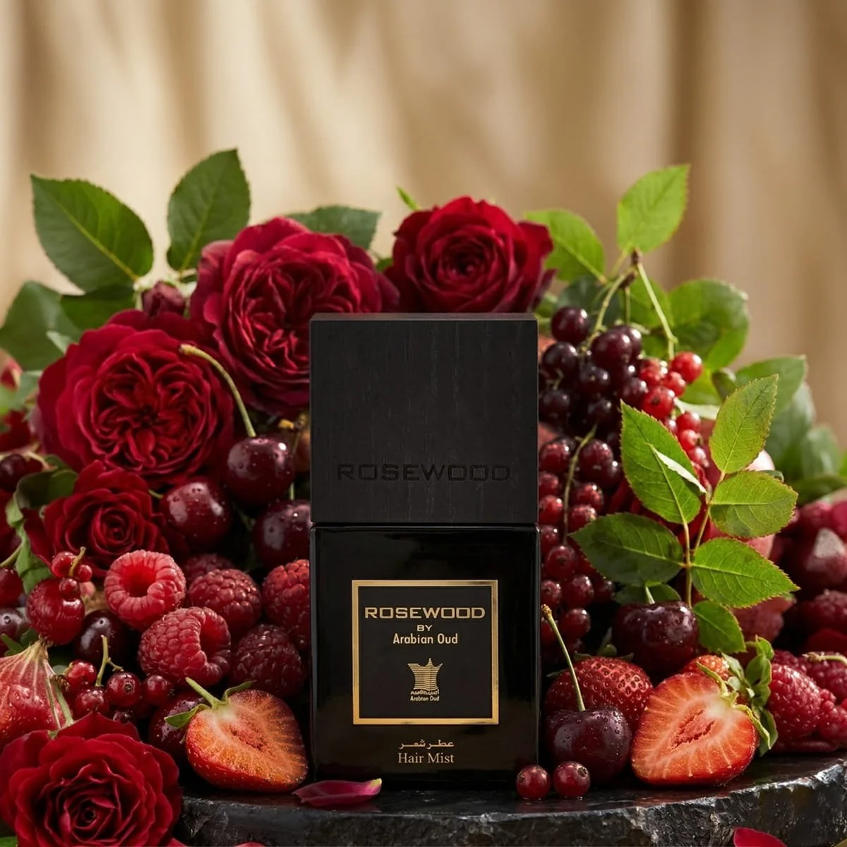 Arabian Oud Rosewood Hair Mist with red fruits, Bulgarian rose, Madagascar vanilla and warm woody notes luxury fragrance poster UK