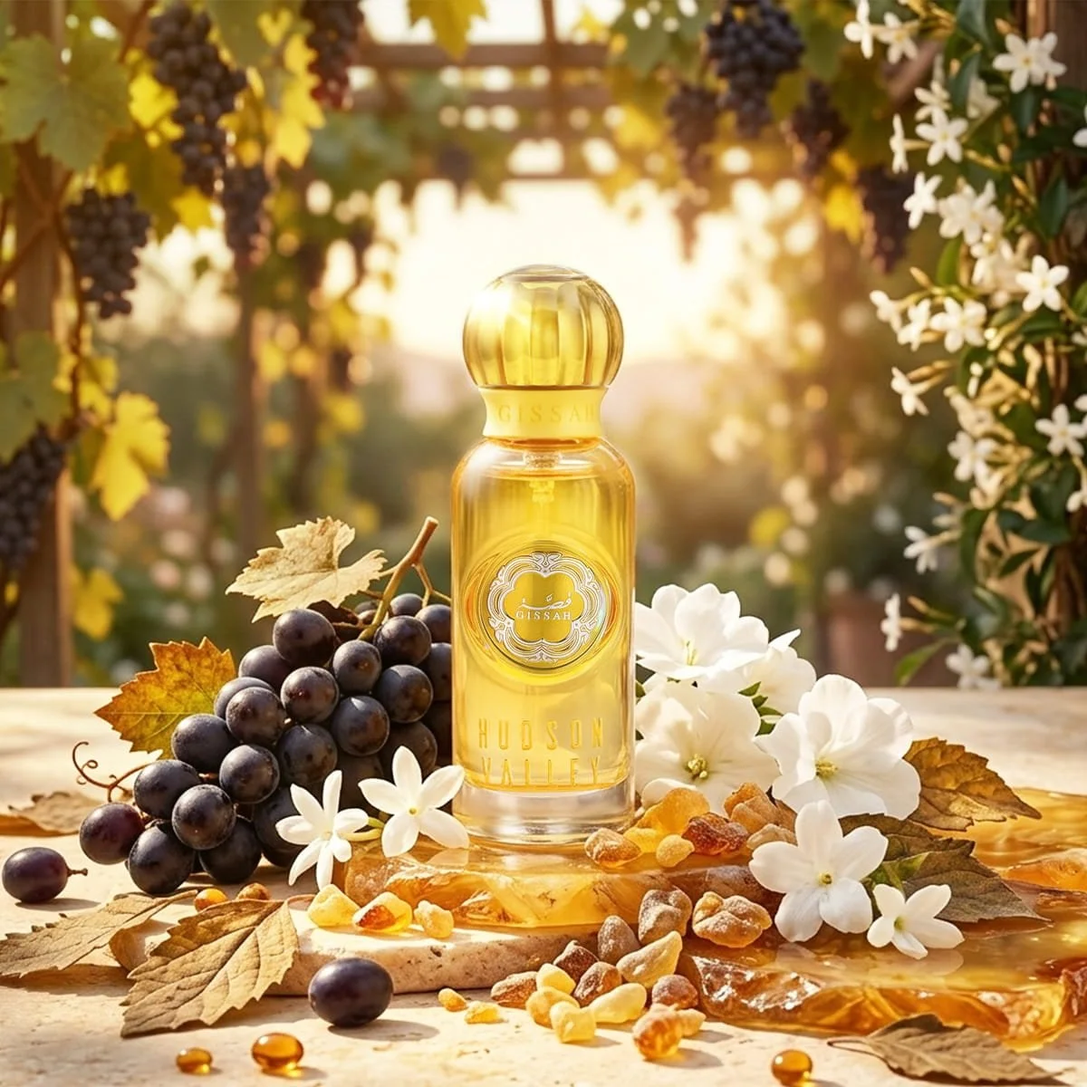 Gissah Hudson Valley 15ml Eau De Parfum with black grapes, rose, jasmine and cedarwood luxury fragrance poster UK
