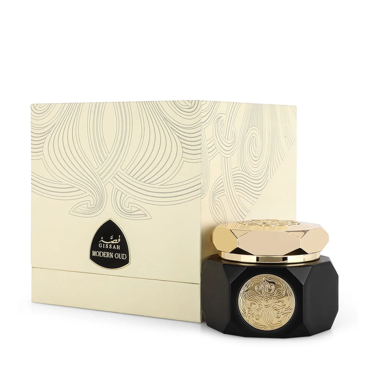 Modern Oud Mammoul by Gissah displayed next to box at angle, luxury bakhoor UK